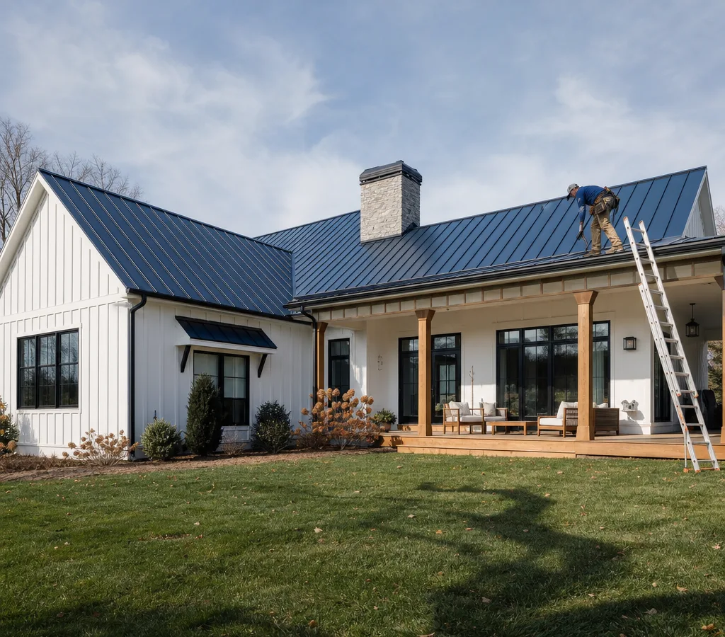 Standing seam metal roof on a Columbus single-family home with clean panel lines