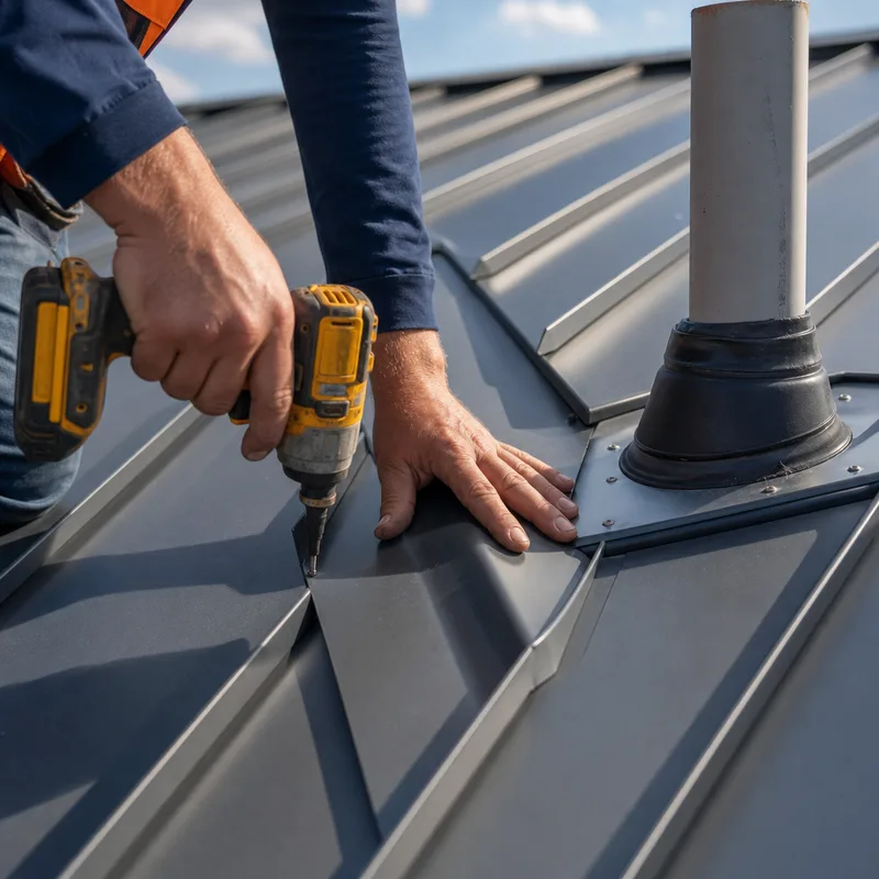 Close-up of standing seam roof valley metal and sealed pipe boot with crisp bends and clean fastener placement