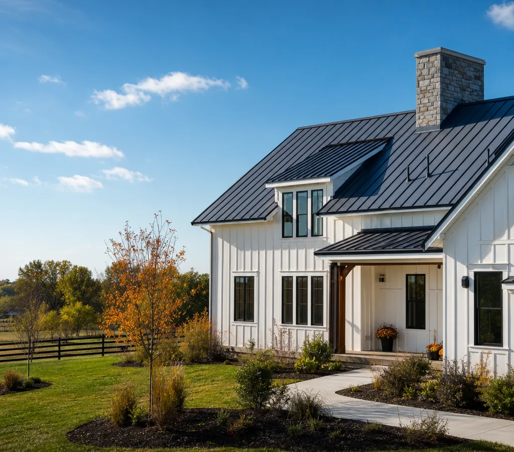 Columbus-area home with a newly installed standing seam metal roof, clean ridge vent, and crisp pipe boot flashing