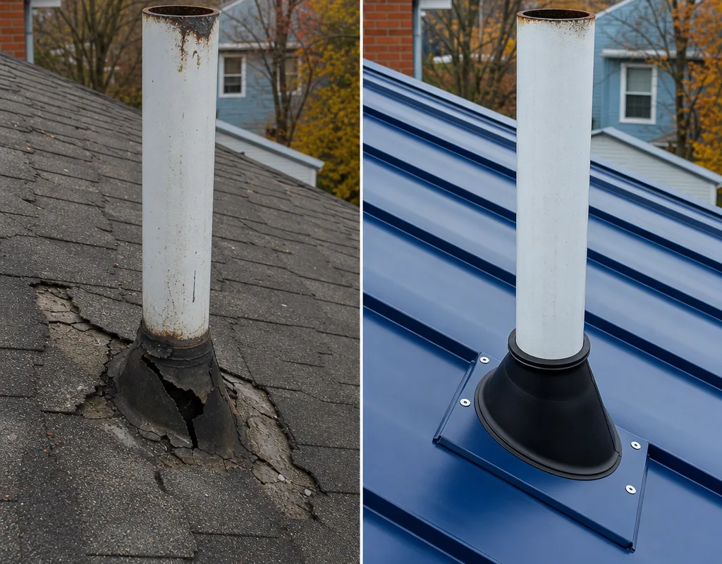 Before and after comparison showing worn shingles and a failing pipe boot replaced by metal roofing with a fitted high-temperature pipe boot and matching trim
