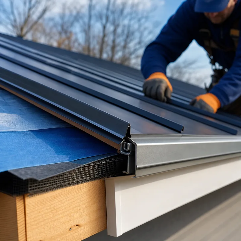 Close-up of metal roof edge detailing with drip edge, underlayment, concealed clips, and straight standing seams