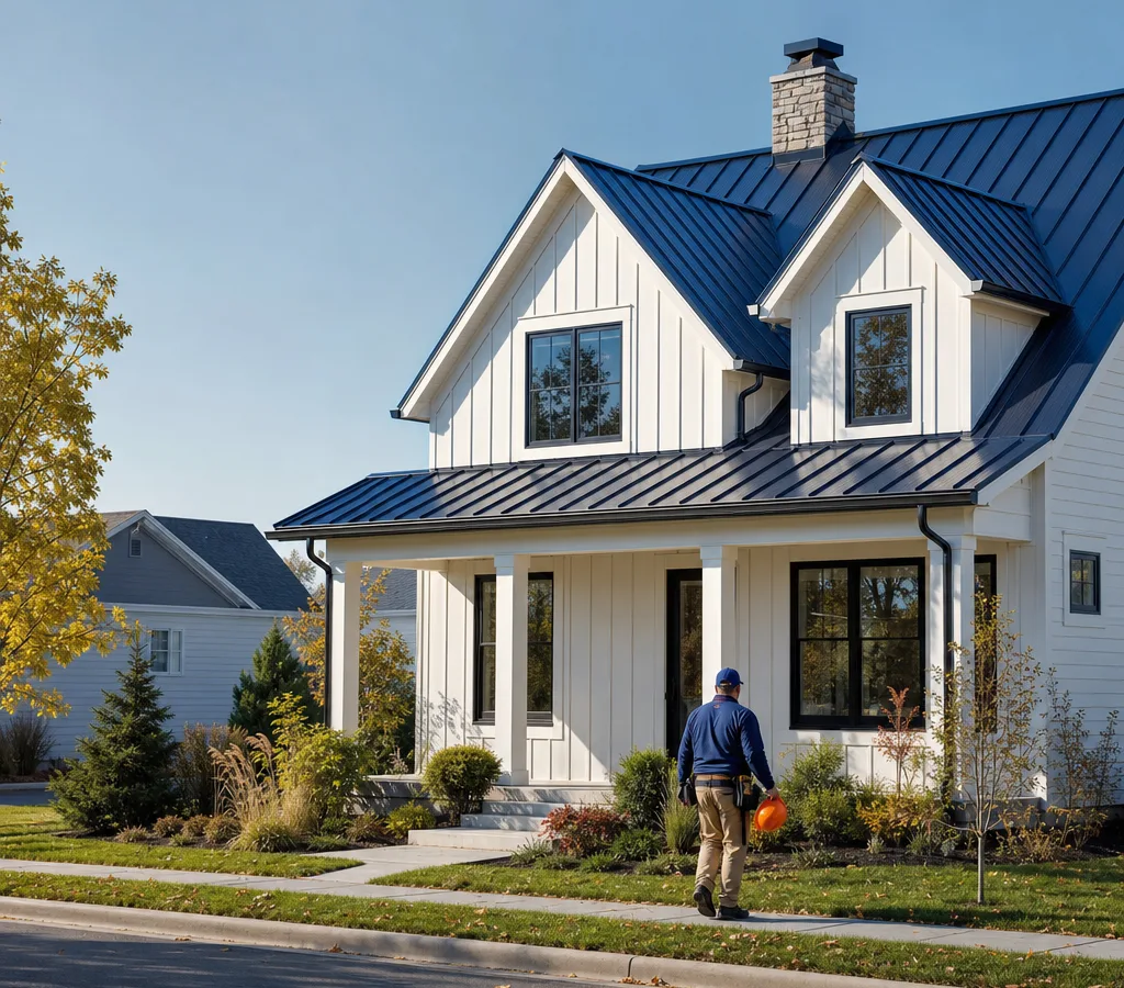 Street-level view of a Columbus-area home with a newly installed standing seam metal roof and crisp trim lines at the eaves and rakes