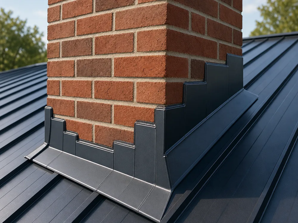 Close view of chimney step flashing and counterflashing integrated with a metal roof