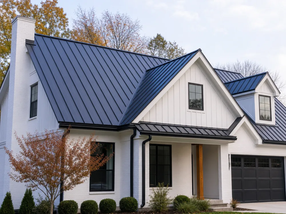 Standing seam metal roof on a Columbus home with long straight runs, aligned panels, and a clean ridge cap