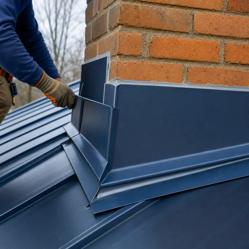 Properly flashed chimney transition on a metal roof with counterflashing and clean sealant lines