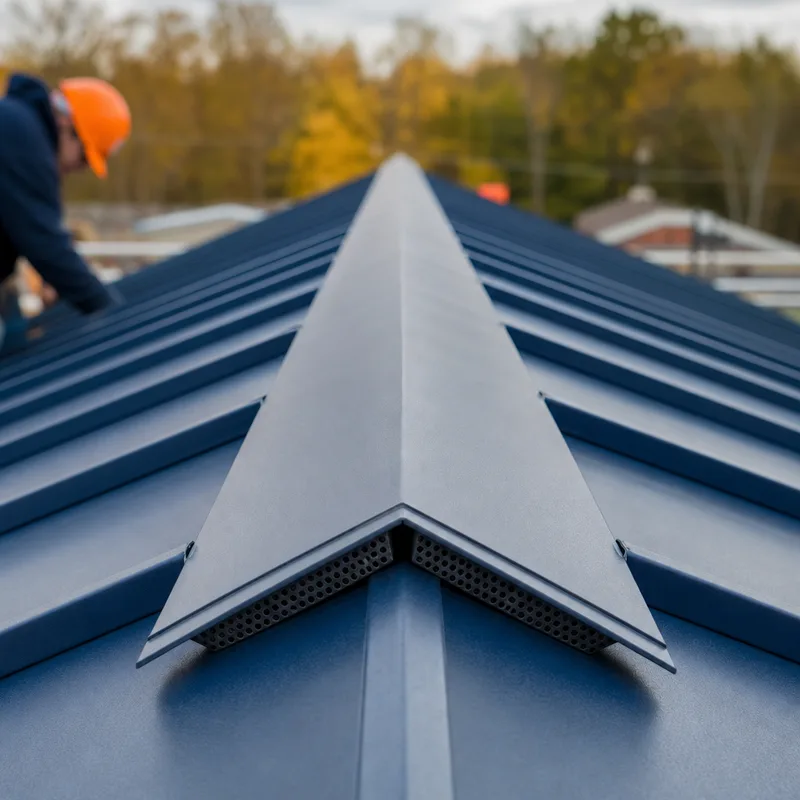 Finished standing seam ridge and ridge vent with clean cap alignment and no exposed fasteners