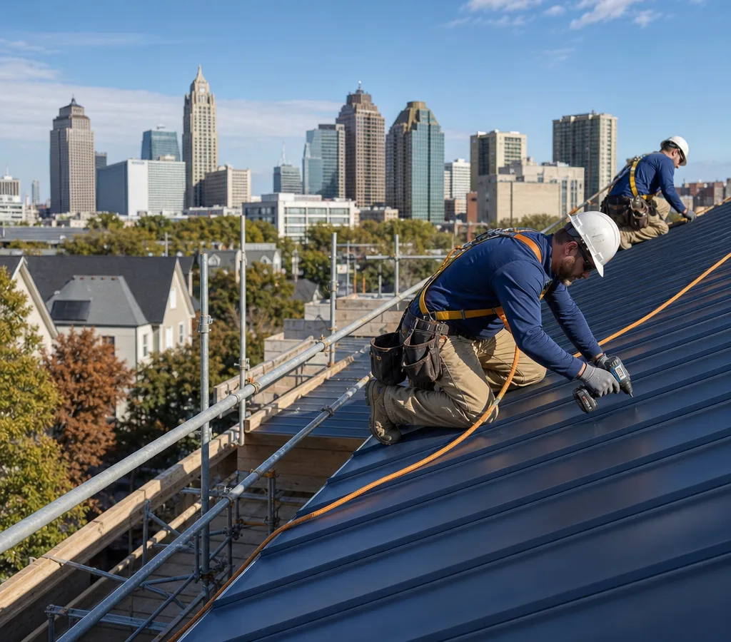 Crew installing a standing seam metal roof on a Columbus-area home with safety lines and a clean jobsite setup