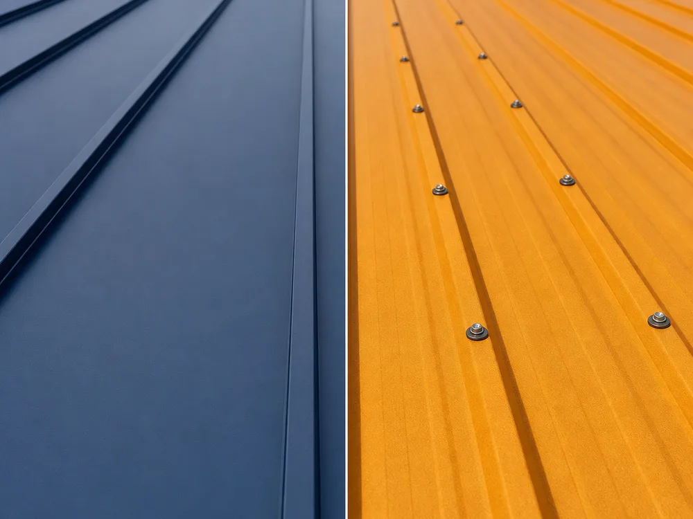 Comparison of standing seam ribs and an exposed-fastener metal panel with properly seated screws and washers