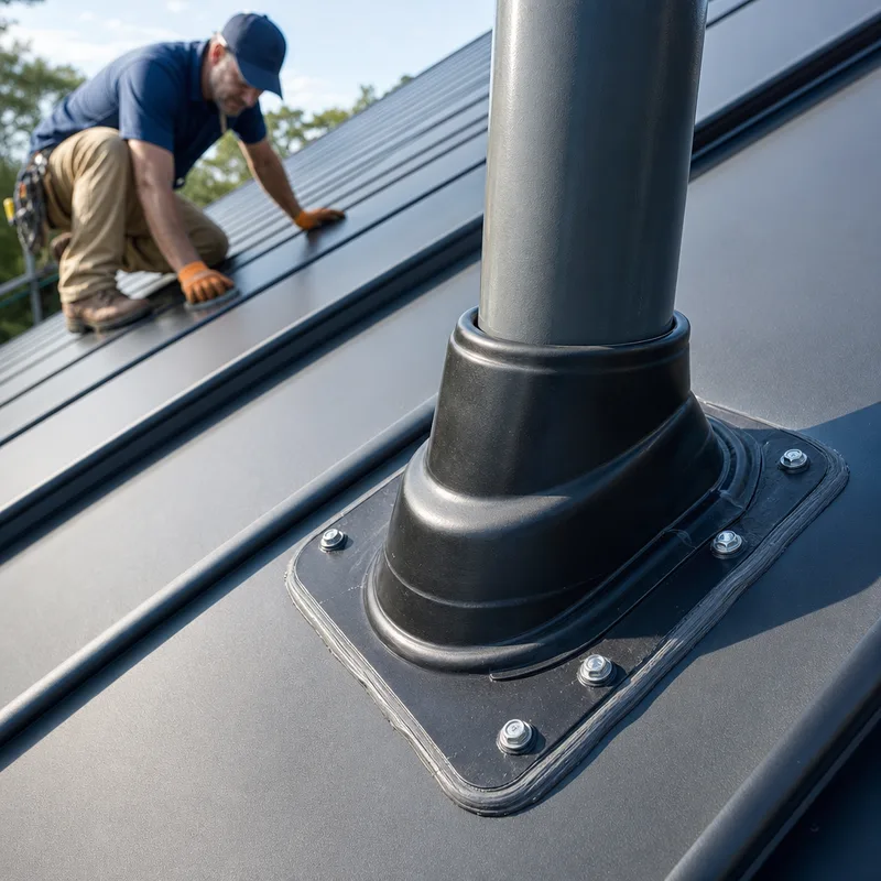 Metal roof vent penetration with a properly installed boot, compatible sealant bead, and clean fastener line during repair inspection