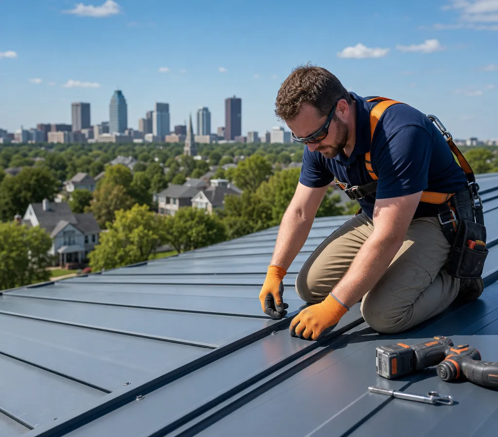Technician inspecting a metal roof panel seam and fasteners on a Columbus-area home with repair tools staged safely