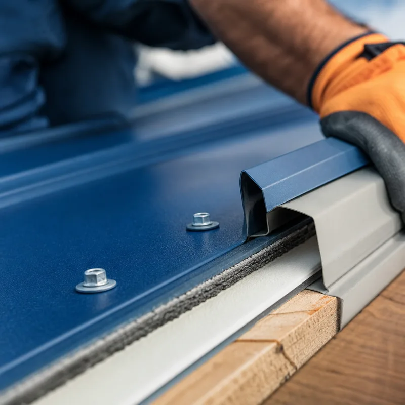 Close-up of a metal panel overlap with butyl tape, stitch screw, and trim edge
