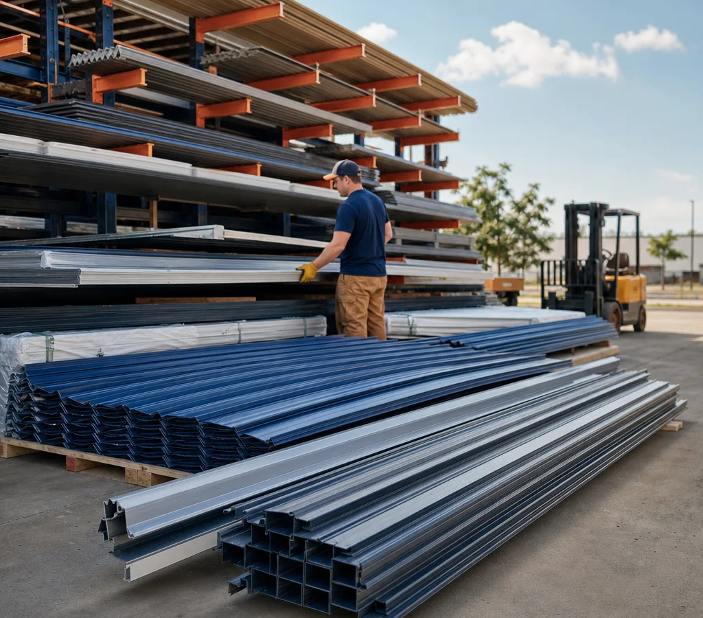 Stacked metal roofing and wall panels with matching trim and fasteners staged in a Columbus warehouse yard