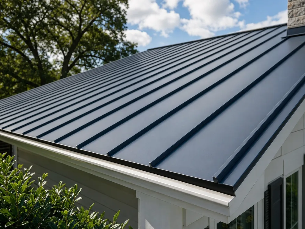 Standing seam roof section with a clean eave edge, concealed fasteners, and consistent panel spacing