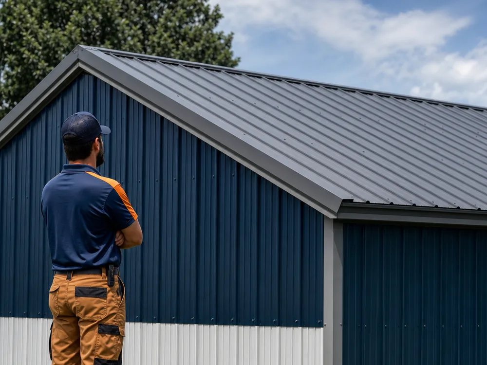 Completed metal building roof with matching ridge cap, gable trim, and color-matched exposed fasteners