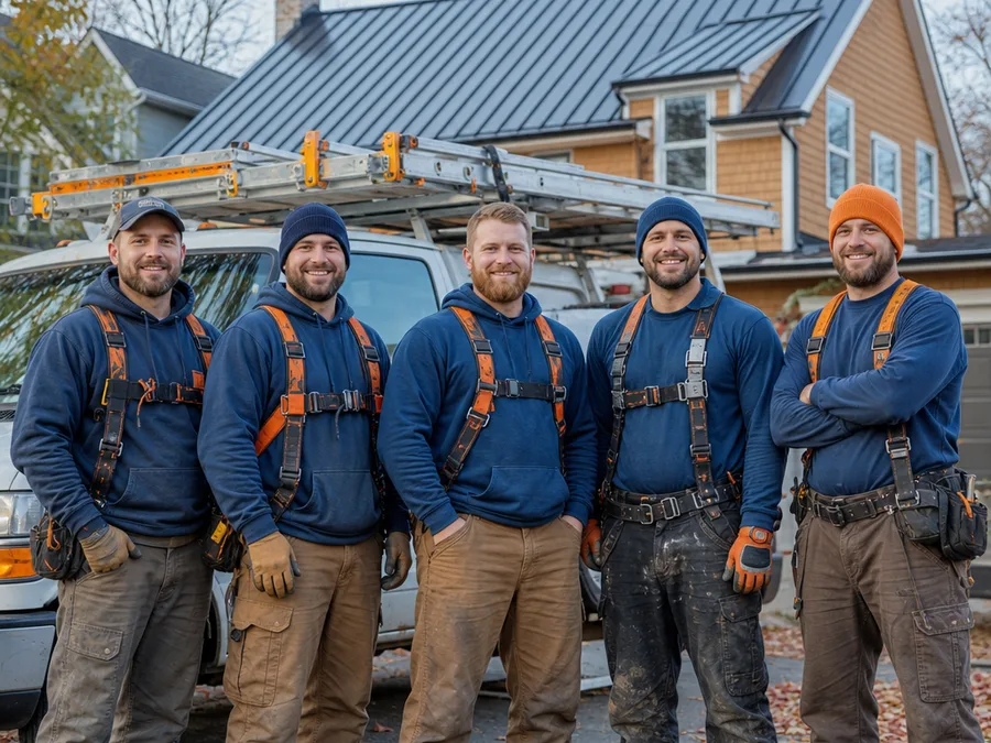 Roofing team in safety gear at a Columbus residential jobsite